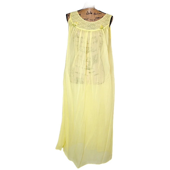 Vintage 60 70s Matching Peignoir Lace sheer Chiffon Set Size Large Medium Yellow - Picture 2 of 16